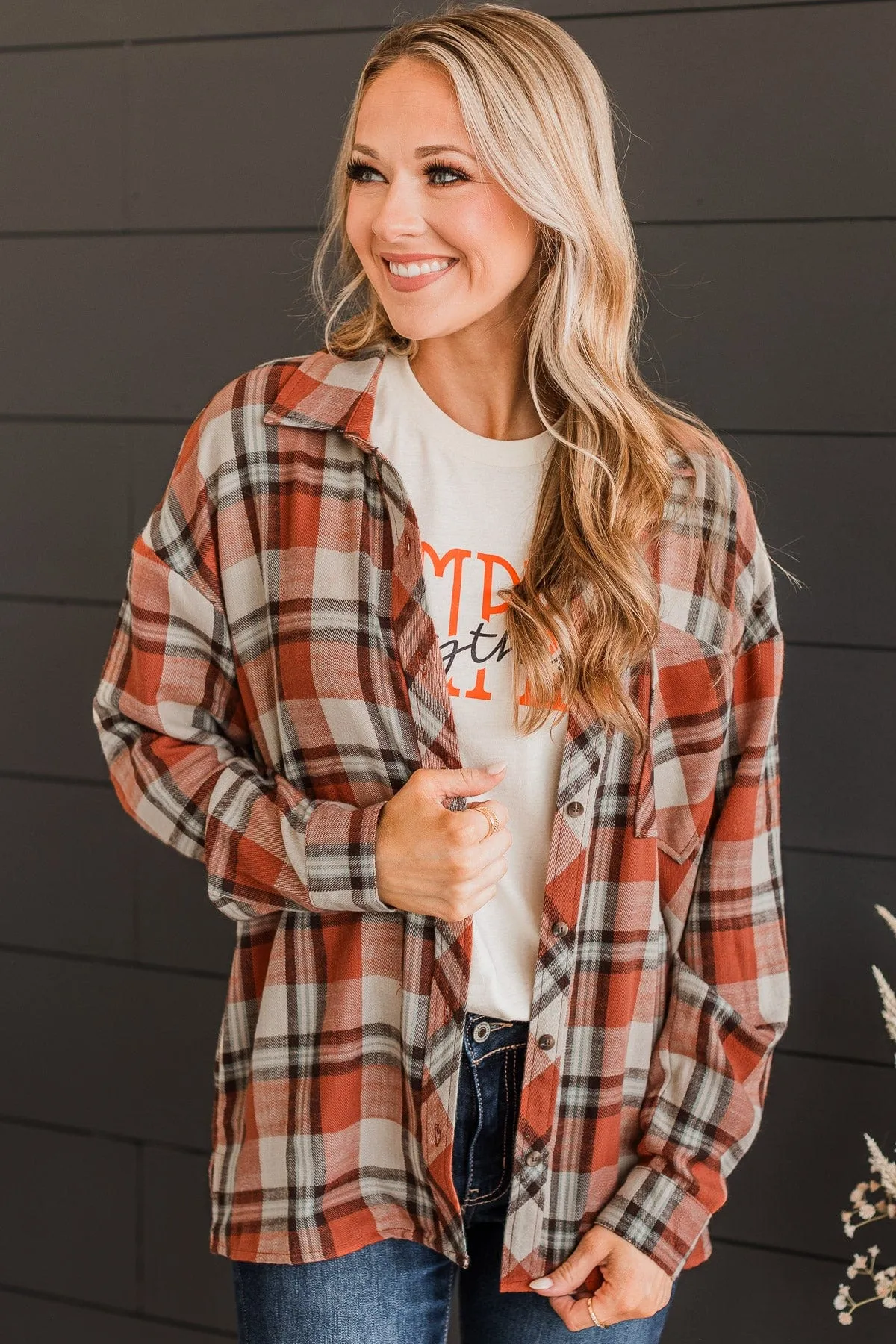 Always Loved Plaid Button Top- Rust