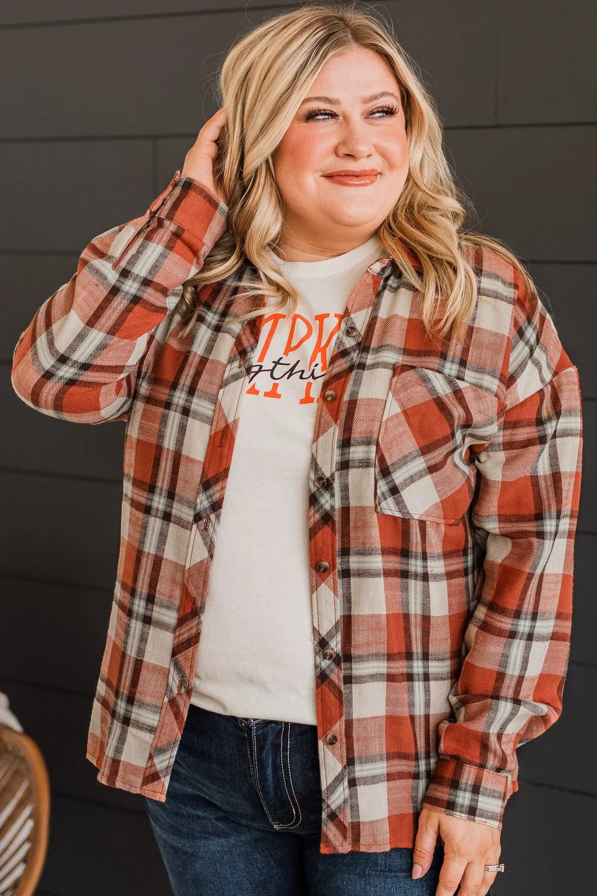 Always Loved Plaid Button Top- Rust
