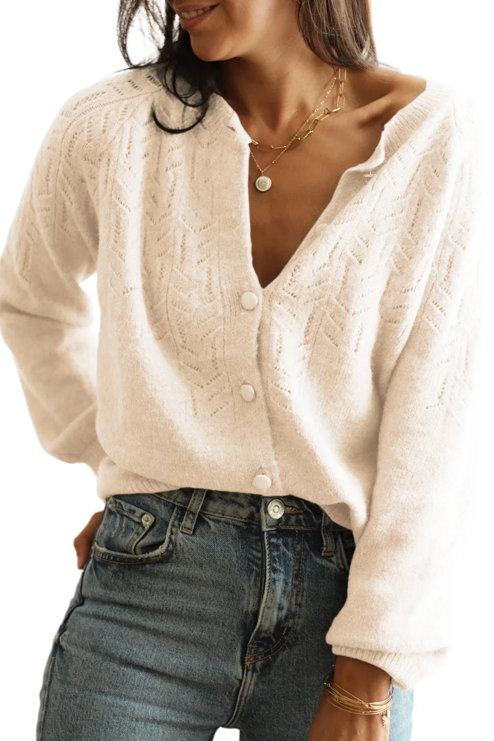 Apricot Green Geometric Hollow Button Sweater