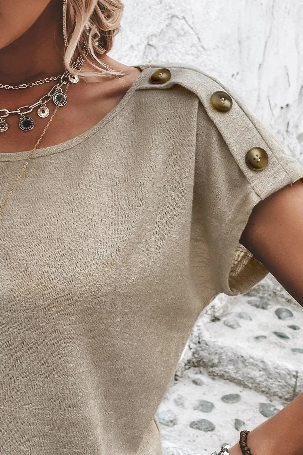 Ashley Button Round Neck Short Sleeve Blouse - Online Exclusive
