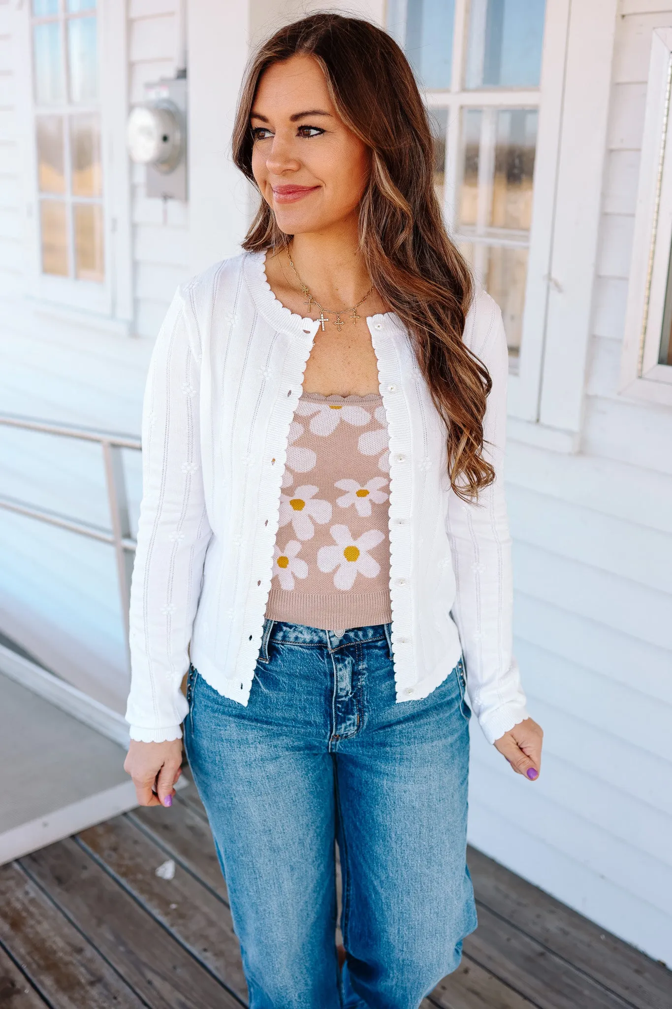 Avie Floral Button Cardigan  - Off White