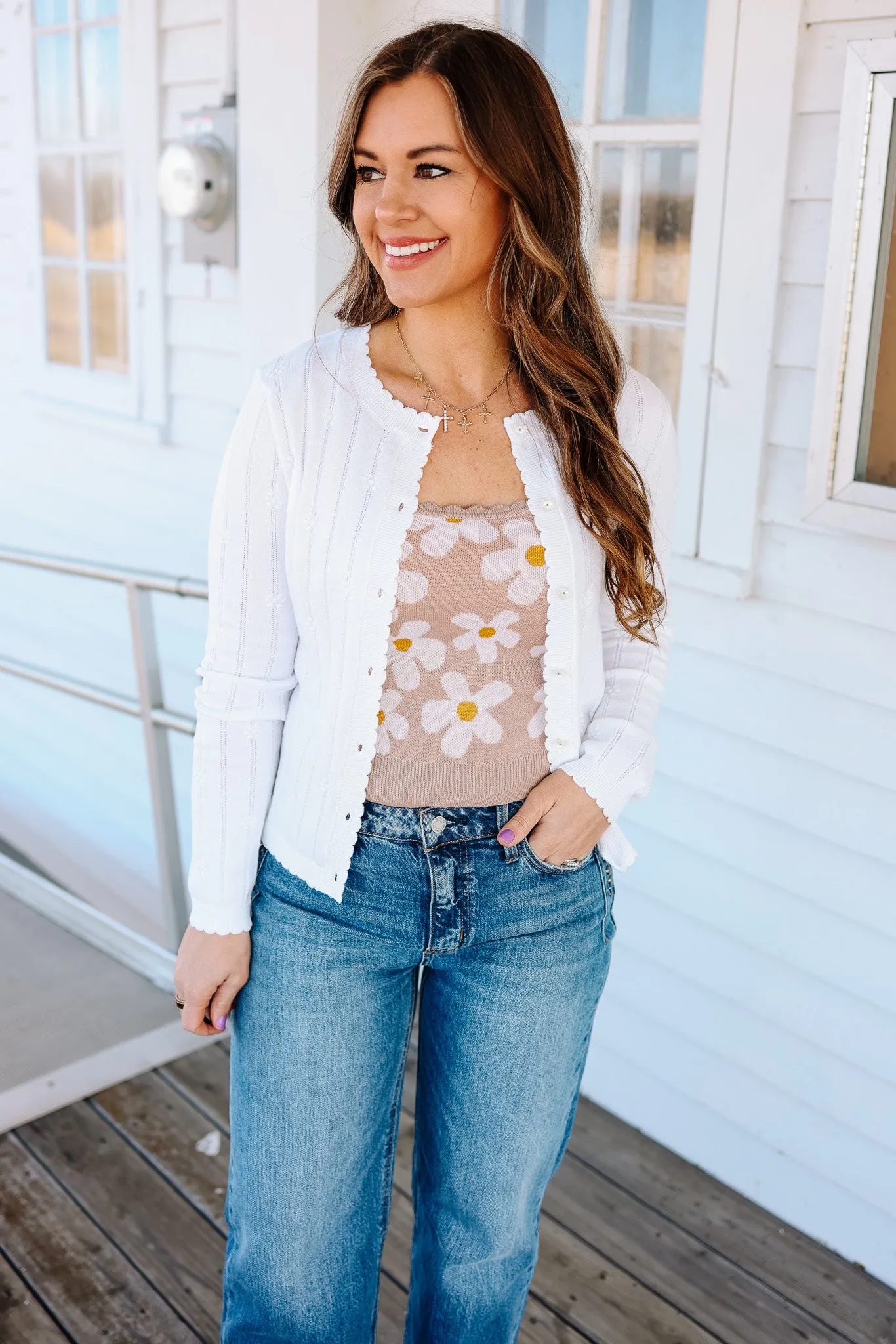 Avie Floral Button Cardigan  - Off White