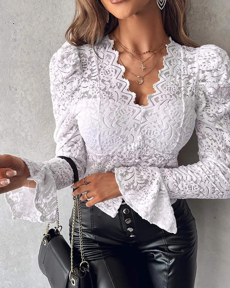 Bell Puff Sleeve Crochet Lace Top