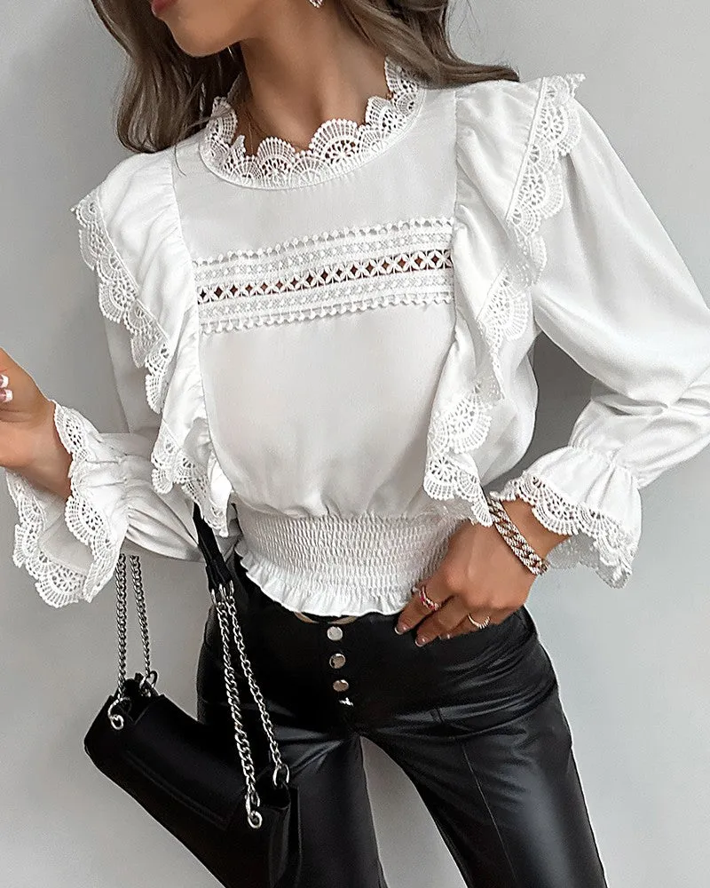 Bell Sleeve Shirred Contrast Lace Top