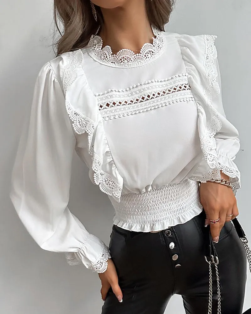 Bell Sleeve Shirred Contrast Lace Top