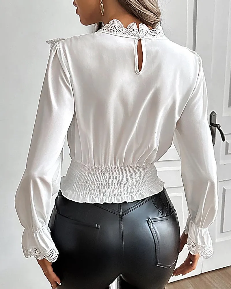 Bell Sleeve Shirred Contrast Lace Top