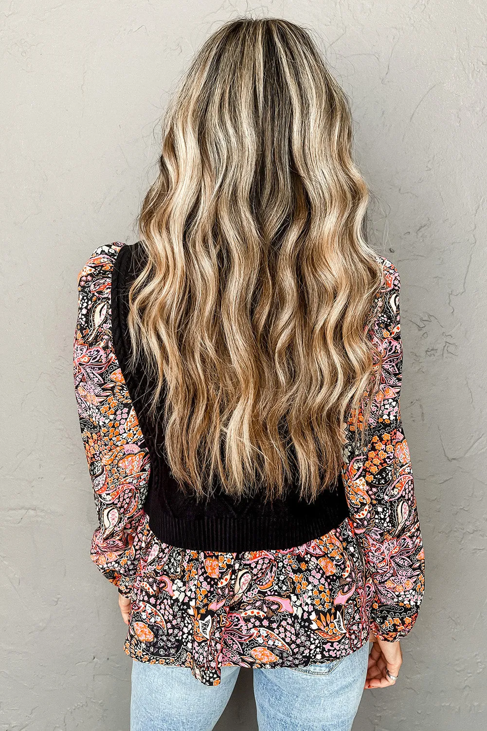 Black Cable Knit Contrast Floral Sleeve Peplum Sweater