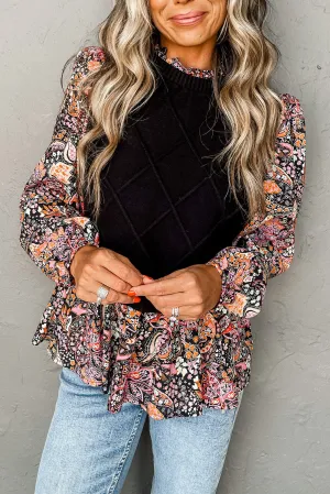 Black Cable Knit Contrast Floral Sleeve Peplum Sweater