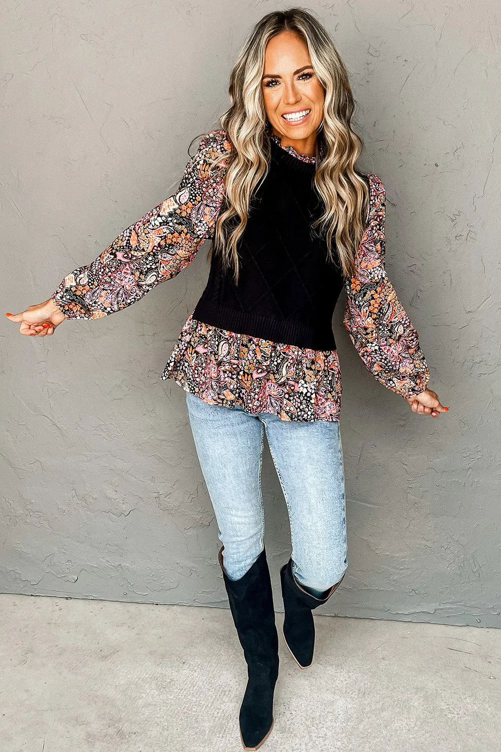 Black Cable Knit Contrast Floral Sleeve Peplum Sweater