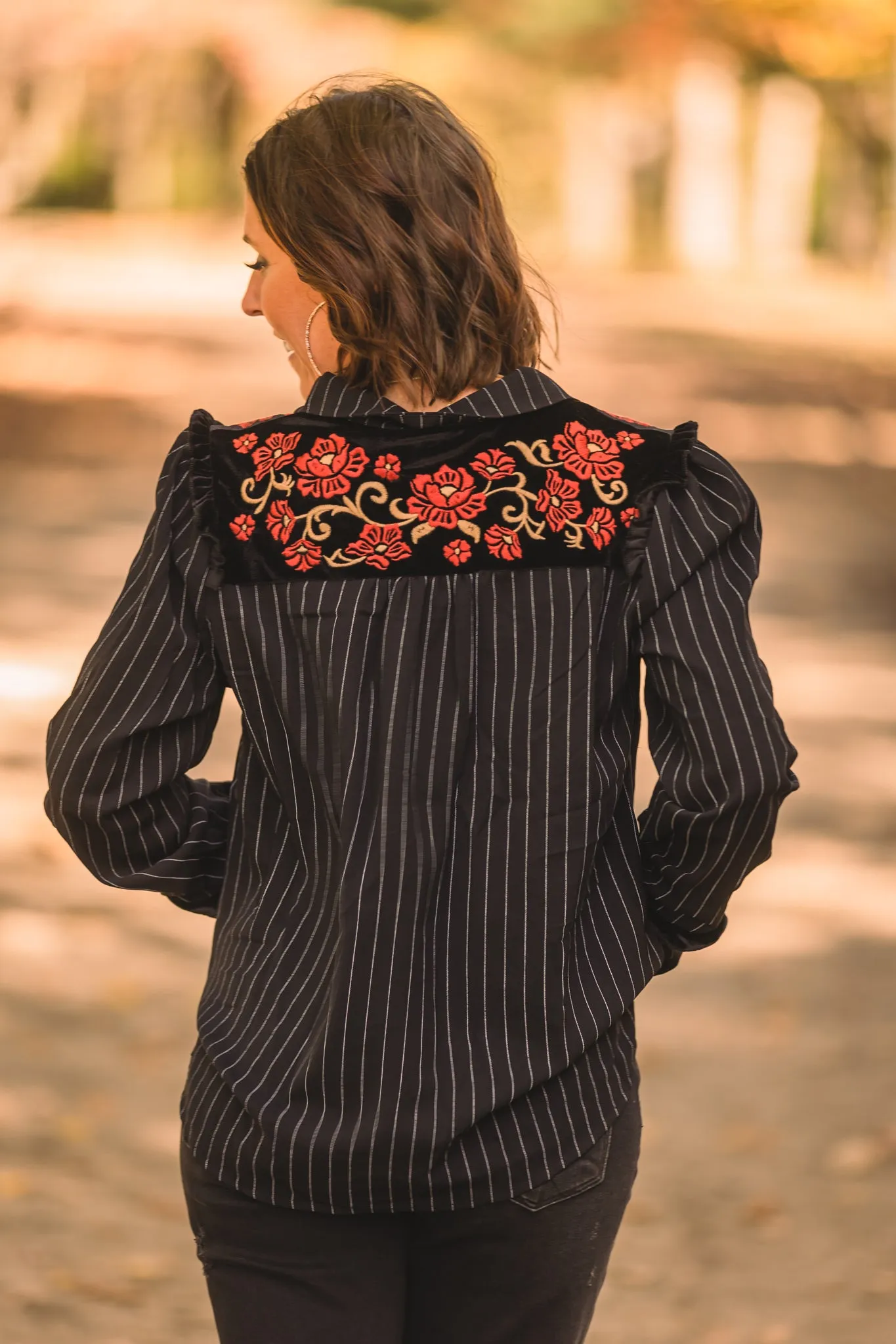 Black   White Stripe Button Front with Velvet Embroidery