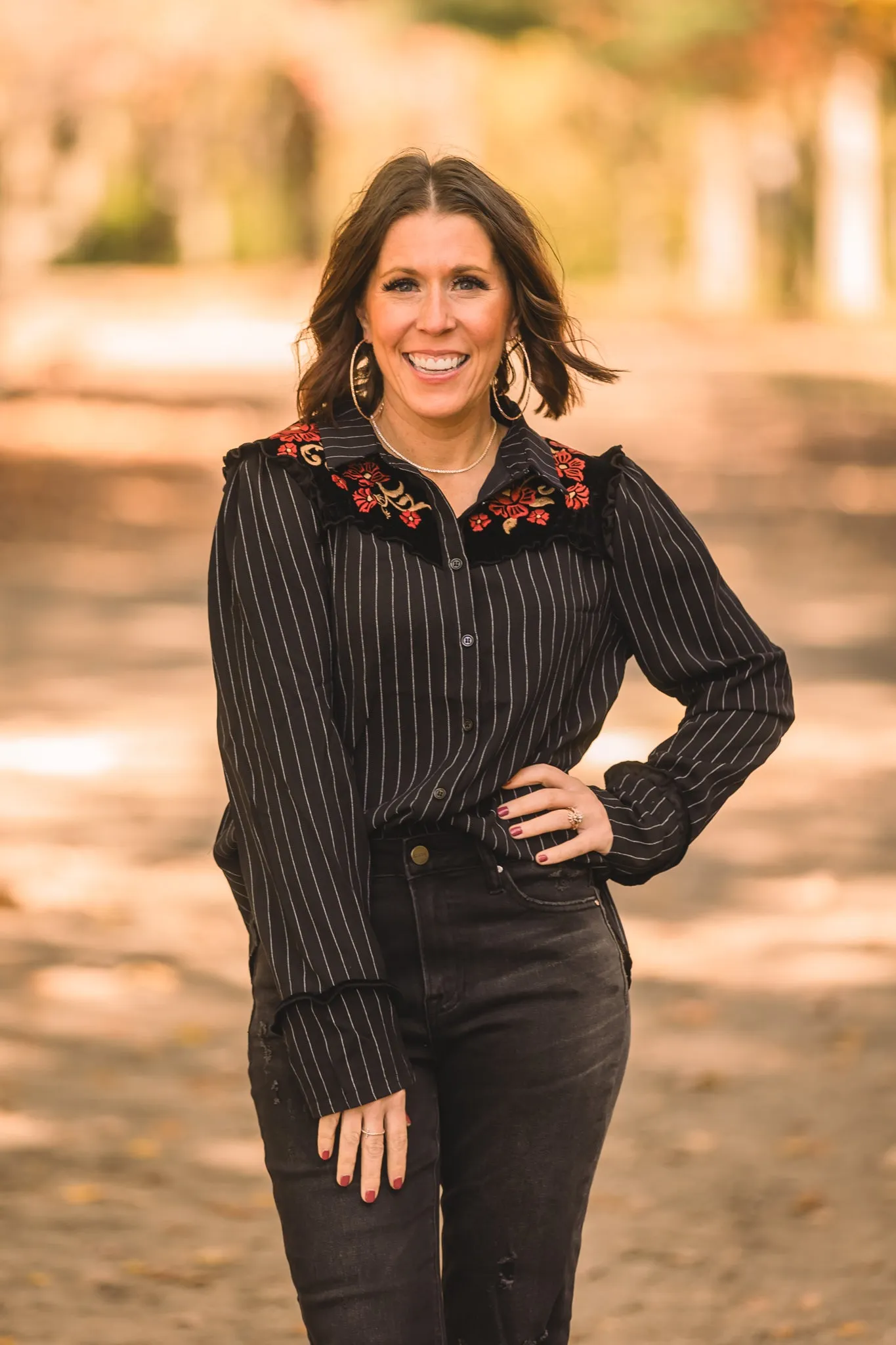 Black   White Stripe Button Front with Velvet Embroidery