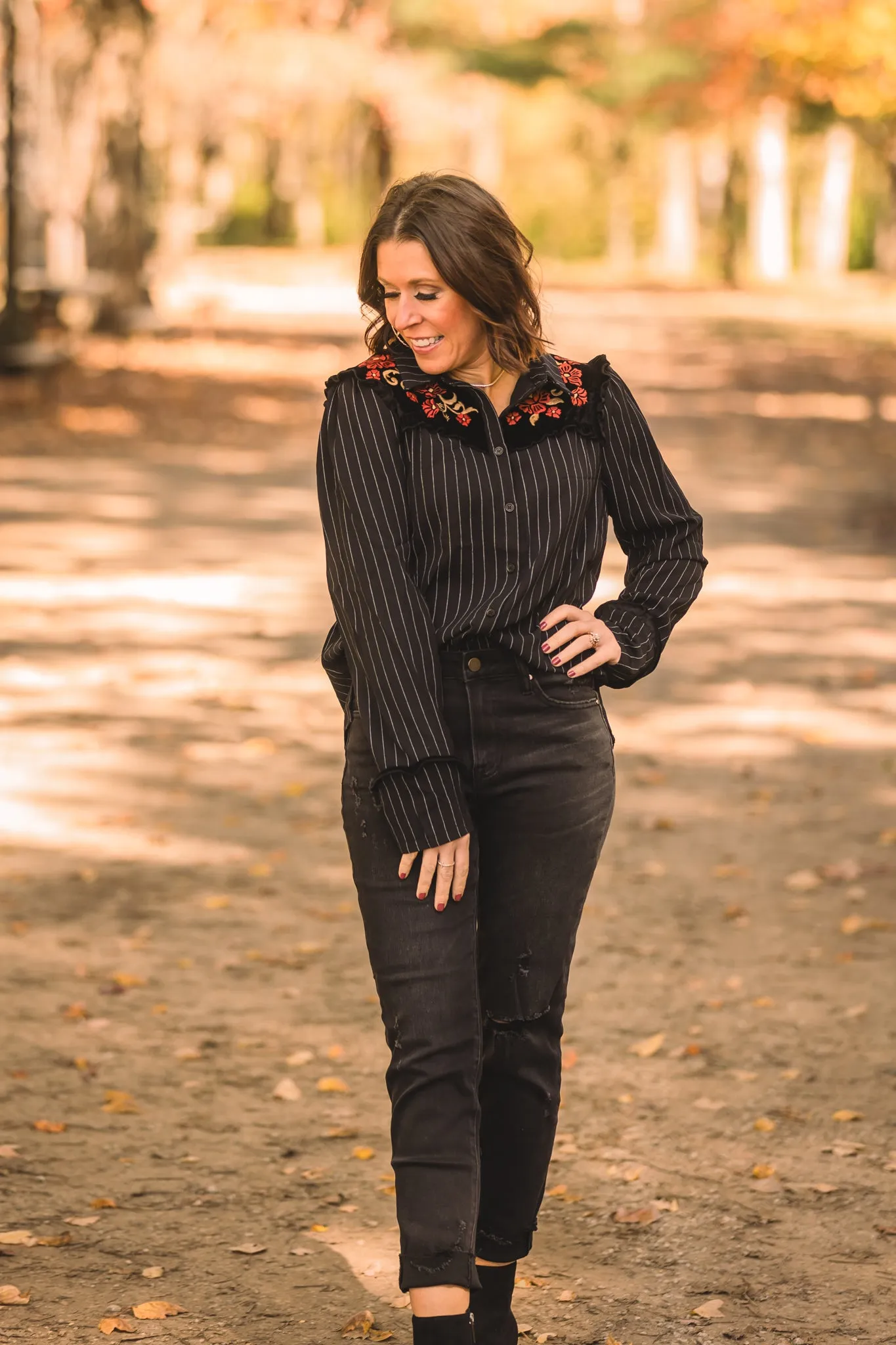Black   White Stripe Button Front with Velvet Embroidery