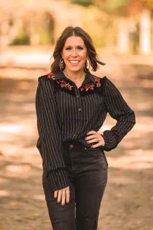 Black   White Stripe Button Front with Velvet Embroidery
