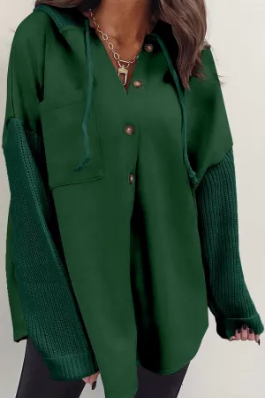 Blackish Green Button Up Contrast Knitted Sleeves Hooded Jacket