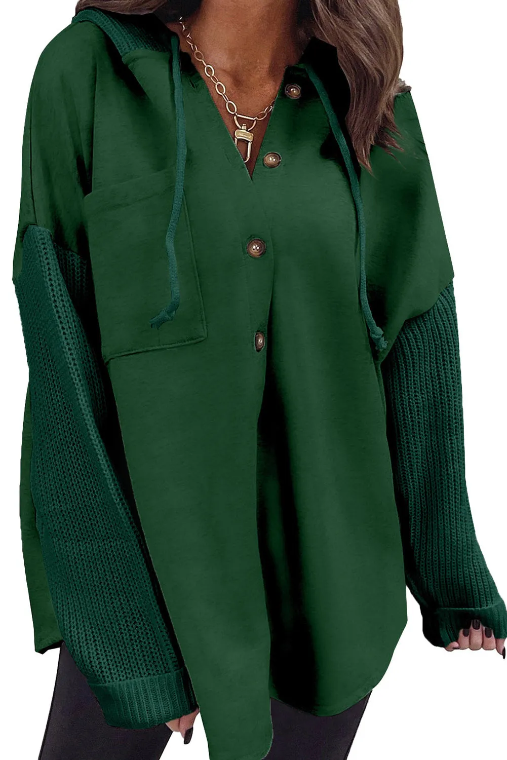 Blackish Green Button Up Contrast Knitted Sleeves Hooded Jacket