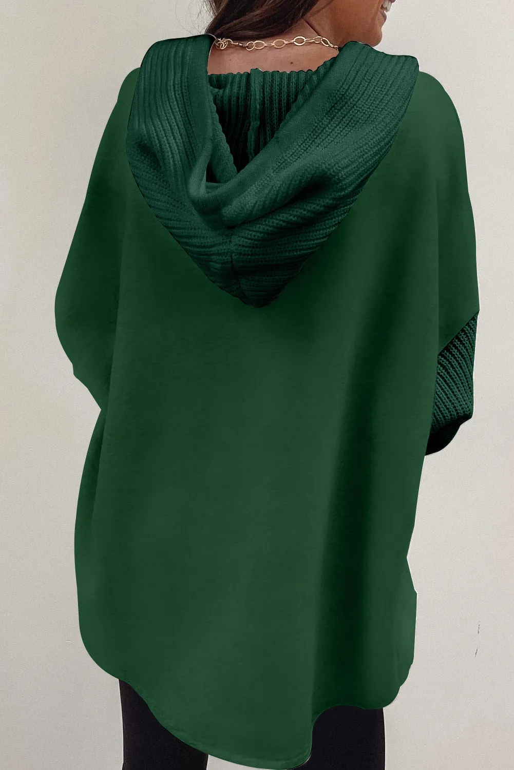 Blackish Green Button Up Contrast Knitted Sleeves Hooded Jacket