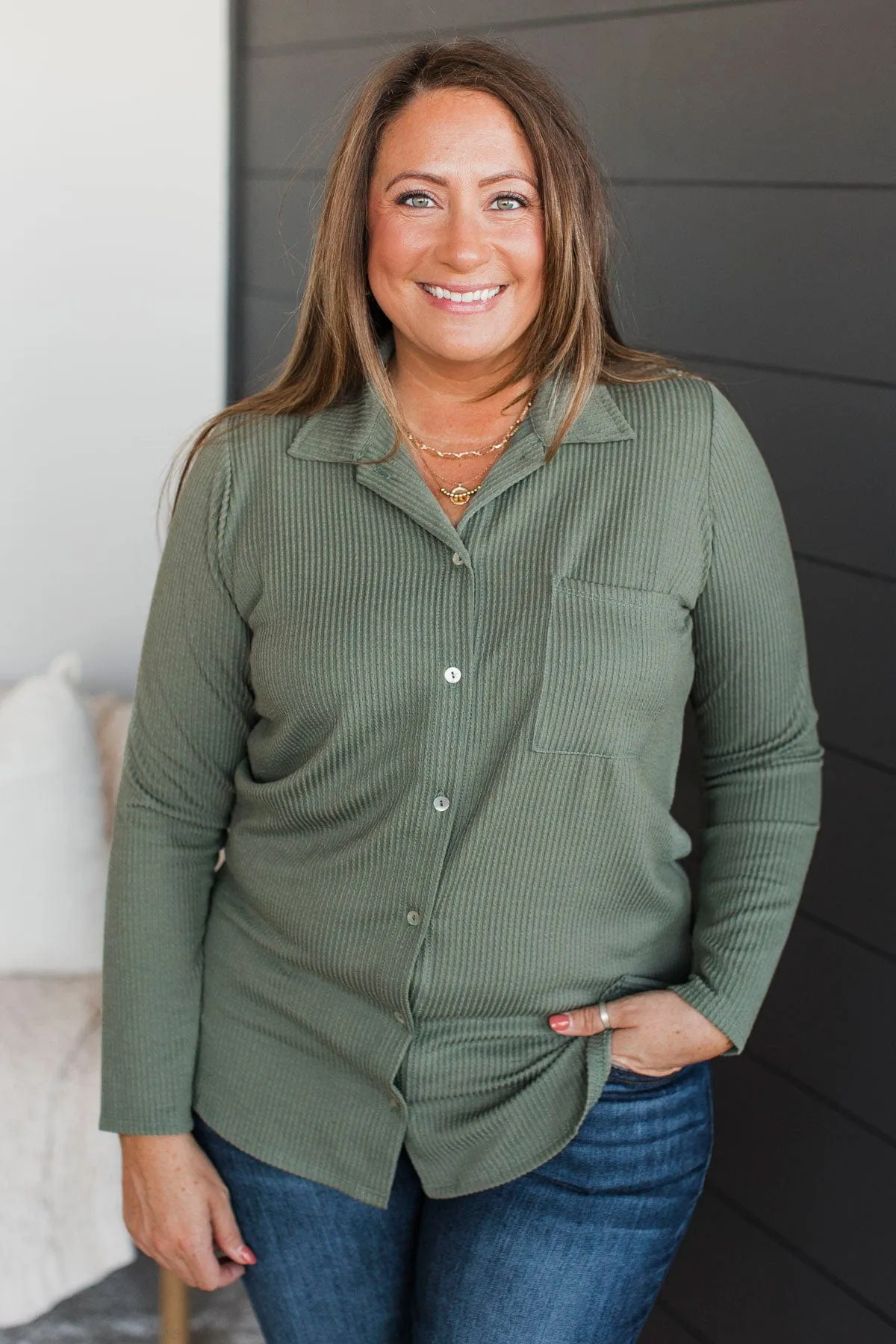 Blissful Moments Ribbed Button Top- Sage