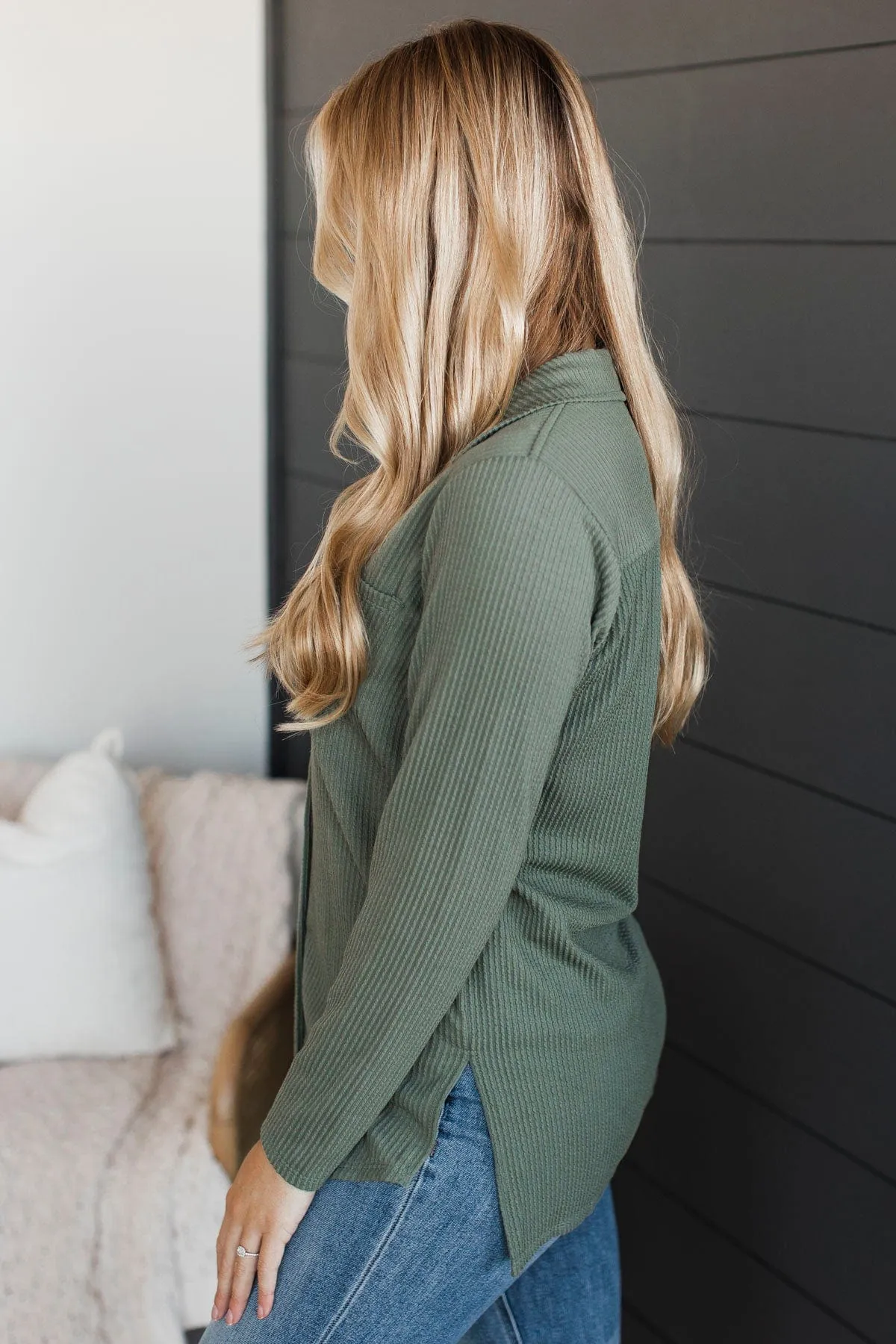 Blissful Moments Ribbed Button Top- Sage