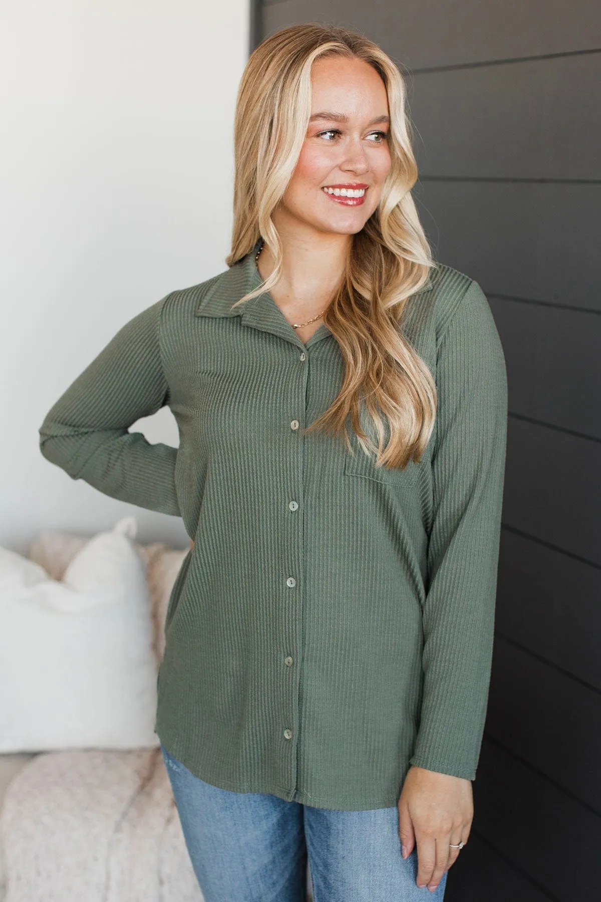 Blissful Moments Ribbed Button Top- Sage