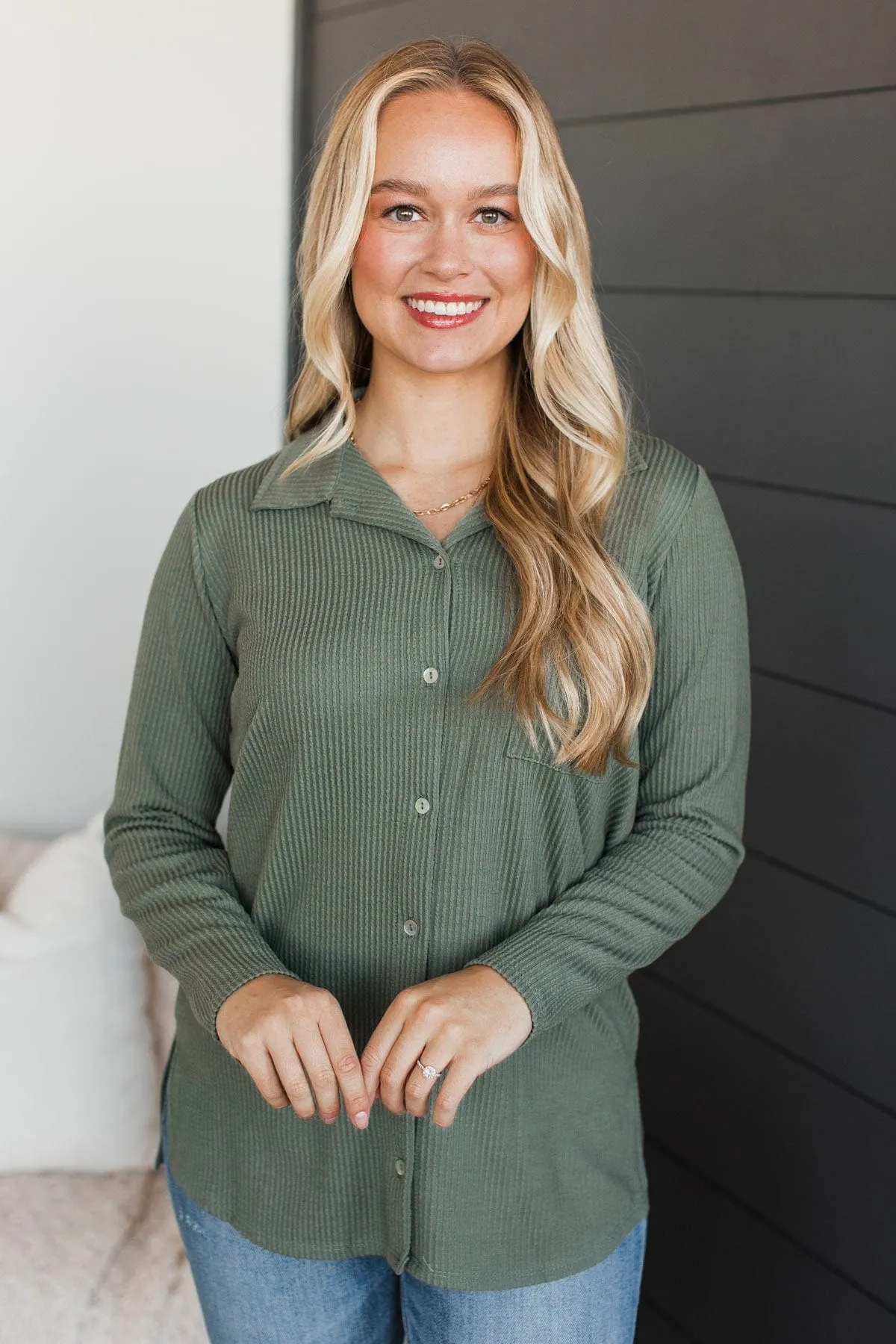Blissful Moments Ribbed Button Top- Sage