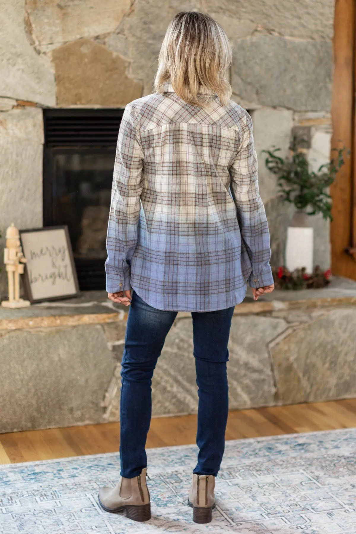 Blue and Grey Ombre Plaid Button Up Top