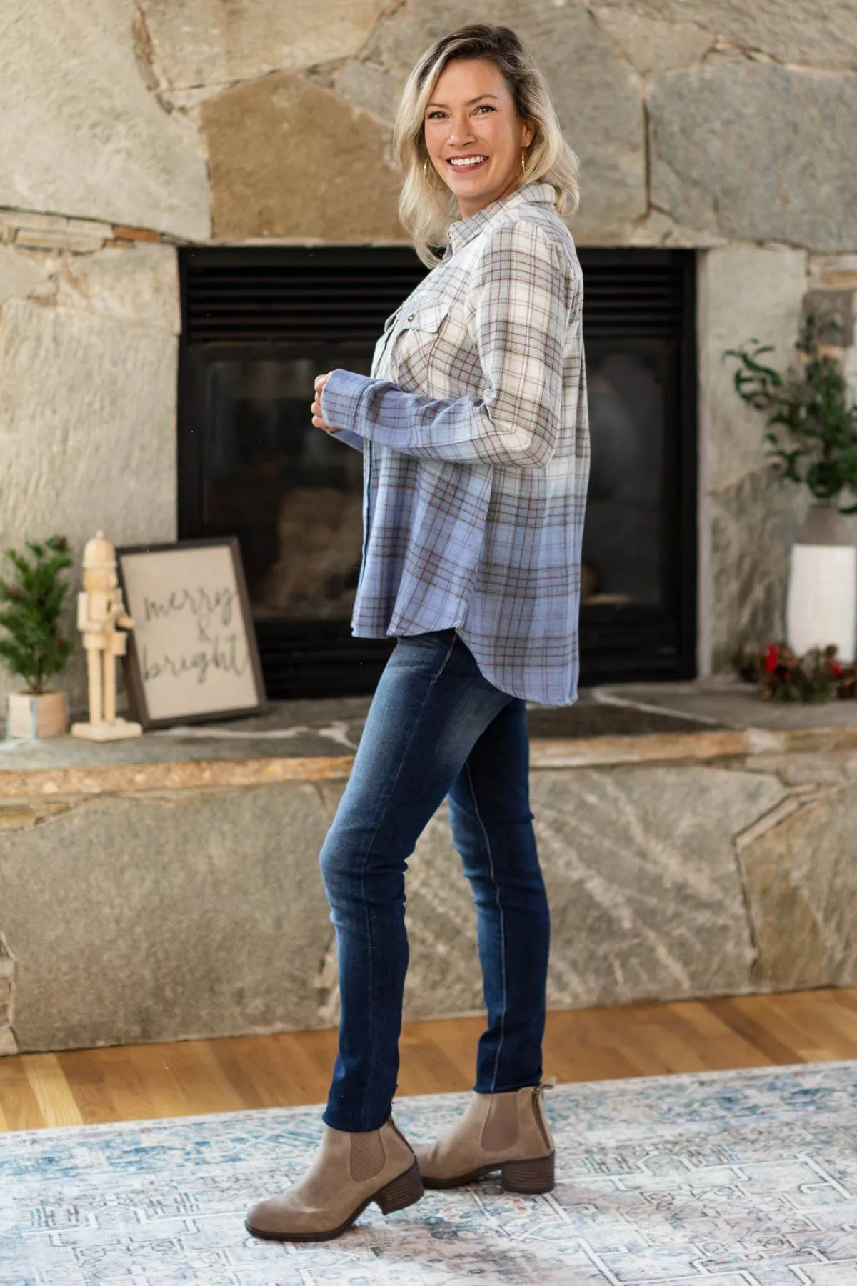 Blue and Grey Ombre Plaid Button Up Top