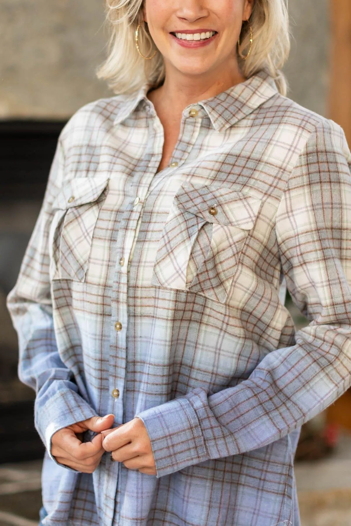 Blue and Grey Ombre Plaid Button Up Top