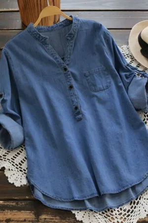Blue Cotton Solid Color Casual Blouse