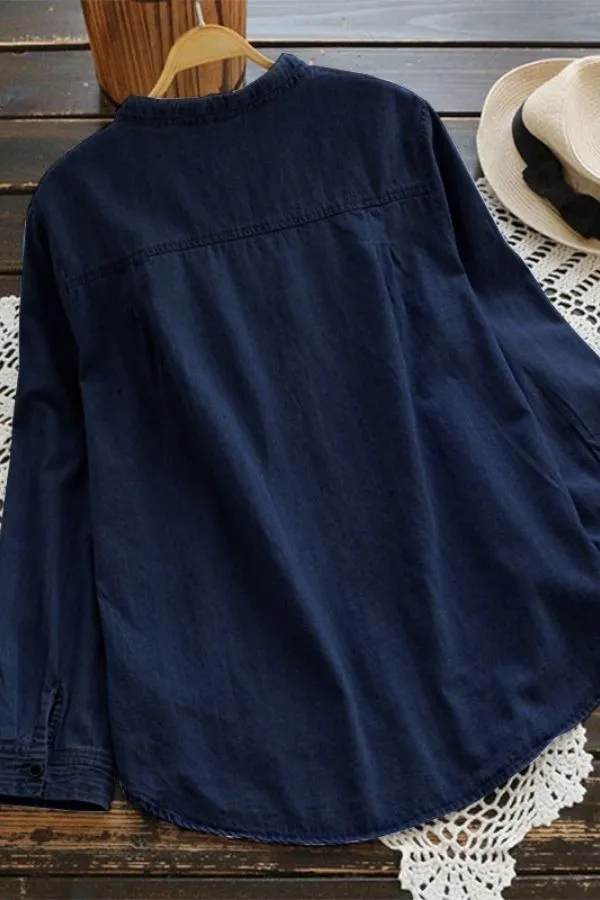 Blue Cotton Solid Color Casual Blouse