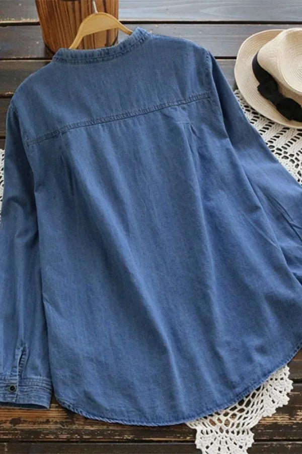 Blue Cotton Solid Color Casual Blouse