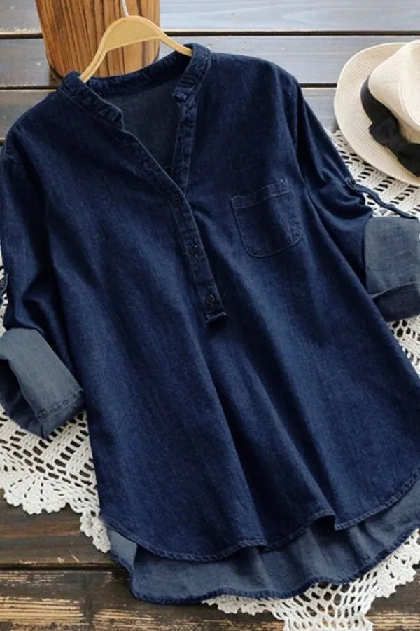 Blue Cotton Solid Color Casual Blouse