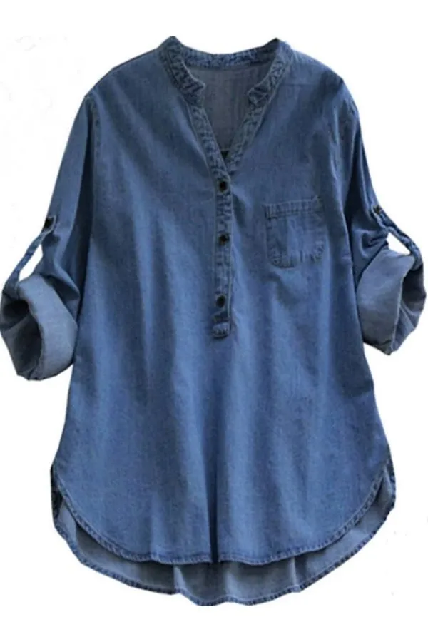 Blue Cotton Solid Color Casual Blouse