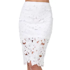 Brand Women Fashion Casual White Crochet High Waist Slim Pencil Peplum Skirt
