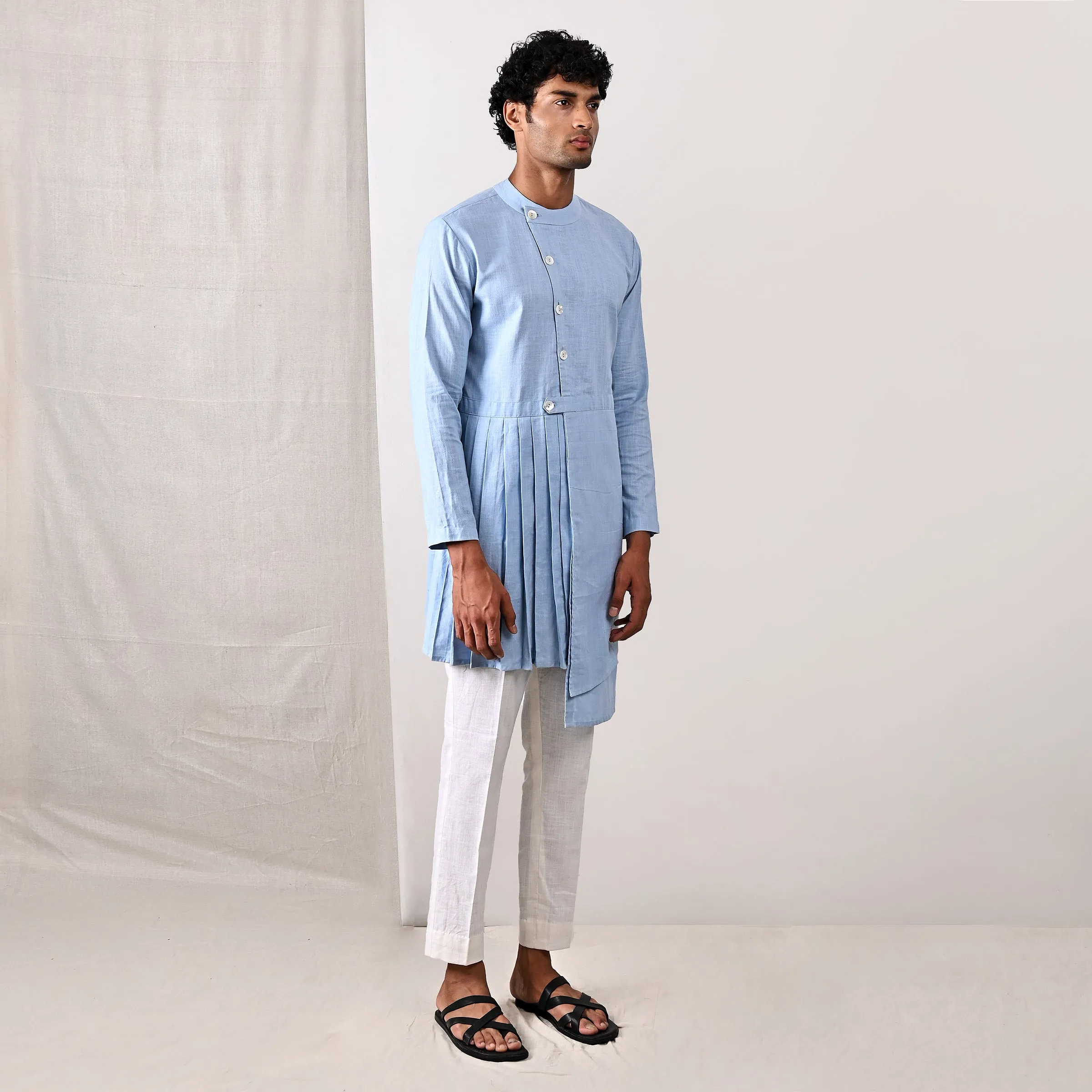Braxton - sky Blue Asymmetrical Pleated Kurta Set