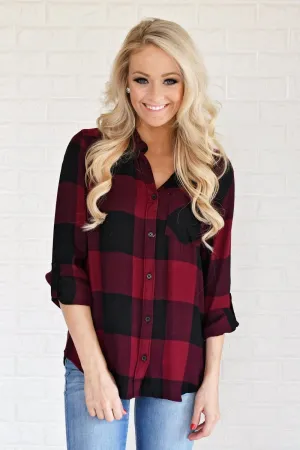 Burgundy & Black Plaid Button Up Top