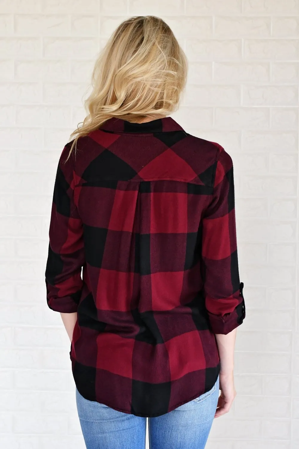 Burgundy & Black Plaid Button Up Top