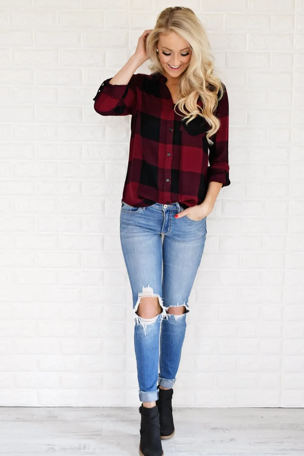 Burgundy & Black Plaid Button Up Top