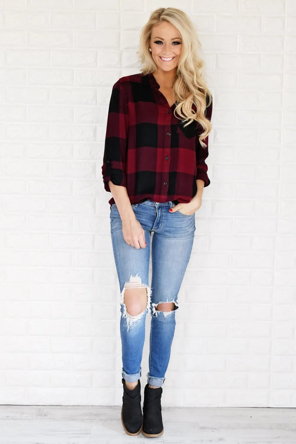 Burgundy & Black Plaid Button Up Top