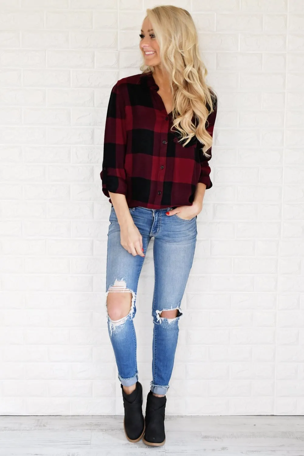 Burgundy & Black Plaid Button Up Top