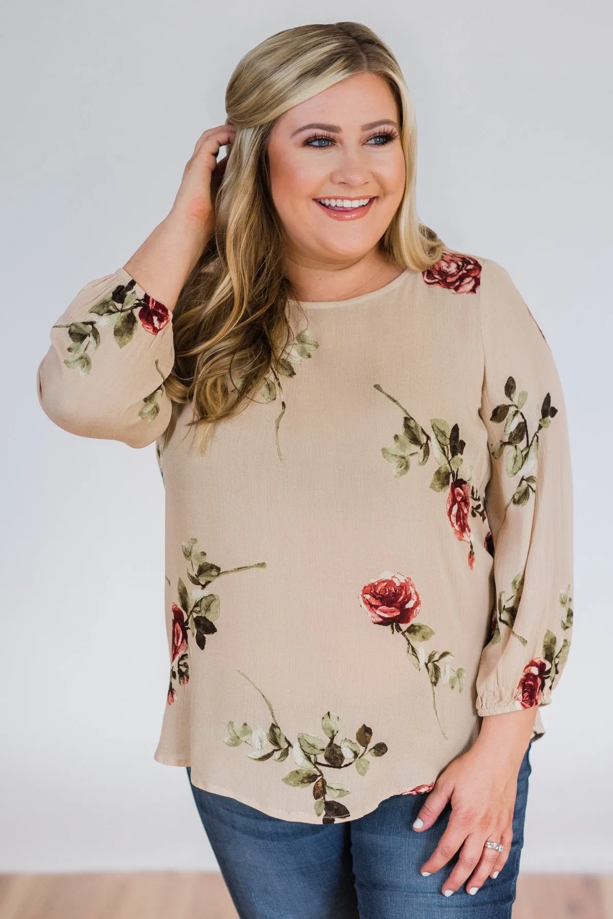 Button Up Back Floral Blouse- Taupe