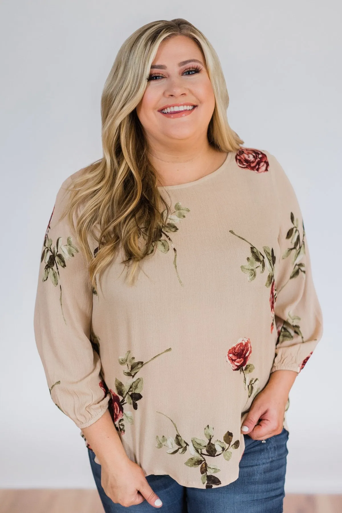 Button Up Back Floral Blouse- Taupe