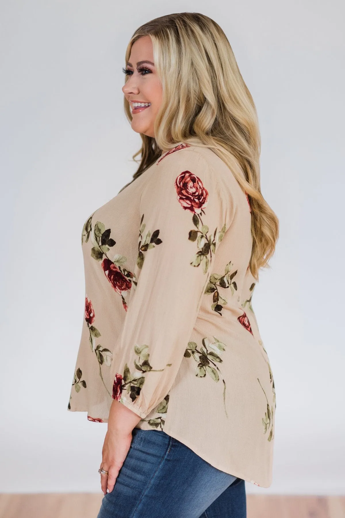 Button Up Back Floral Blouse- Taupe