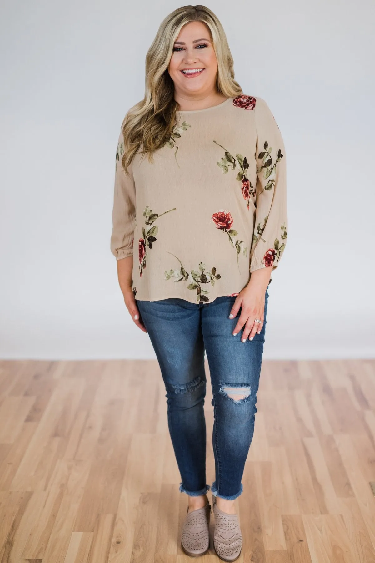 Button Up Back Floral Blouse- Taupe