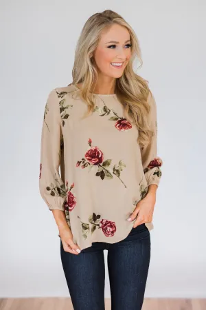 Button Up Back Floral Blouse- Taupe