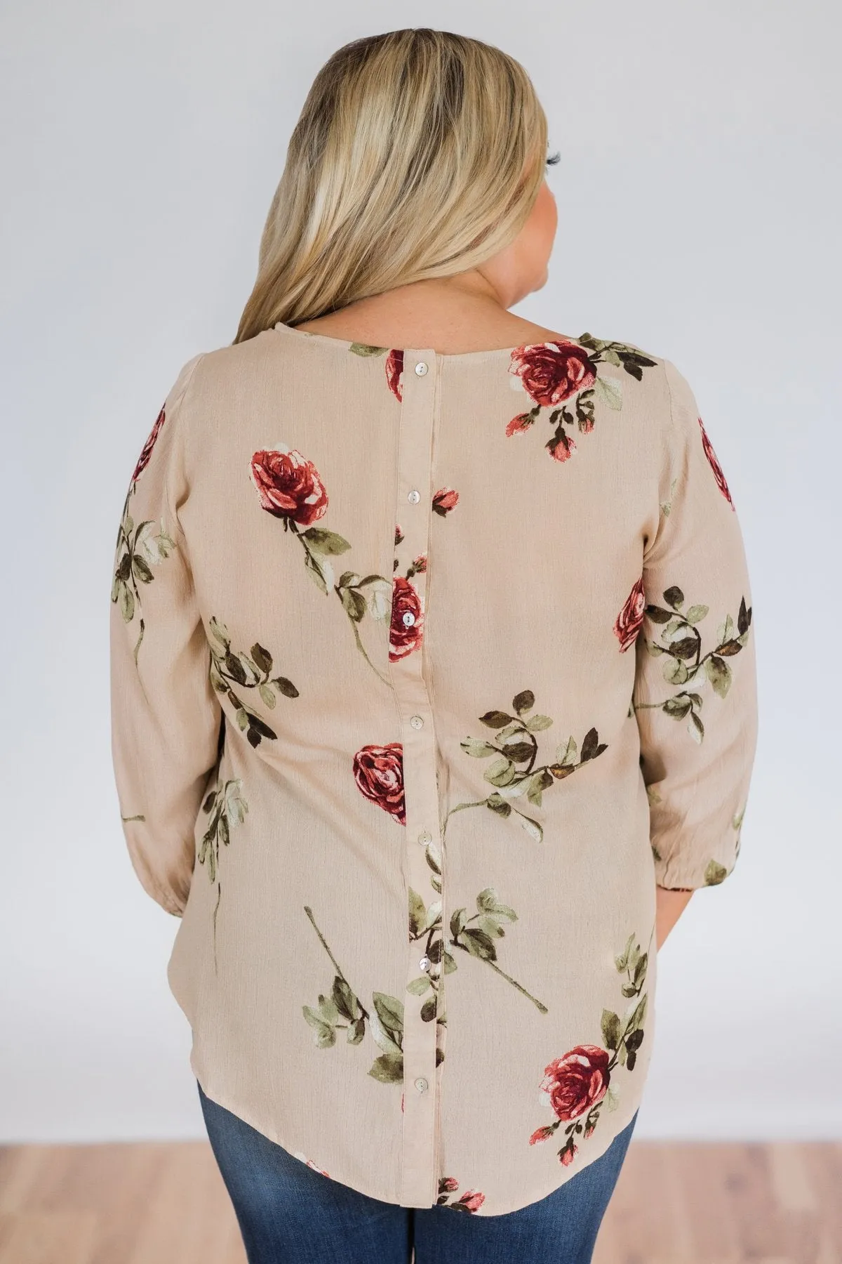 Button Up Back Floral Blouse- Taupe