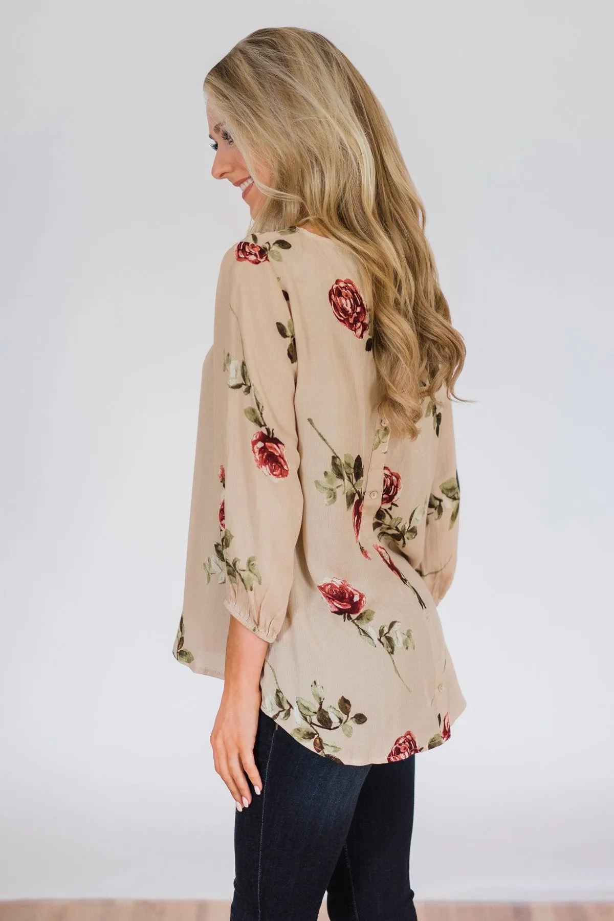 Button Up Back Floral Blouse- Taupe