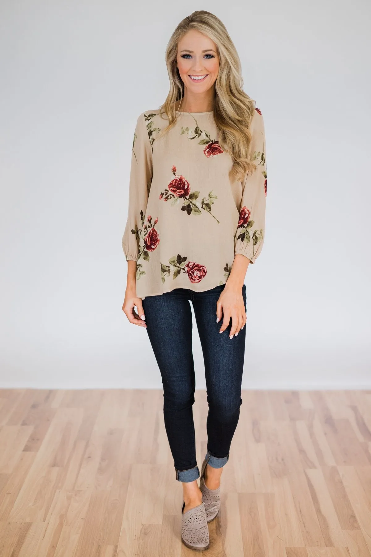 Button Up Back Floral Blouse- Taupe