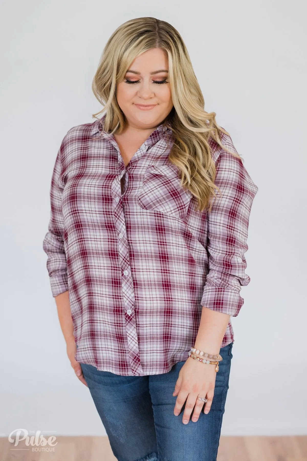 Button Up Plaid Top- Ivory & Wine