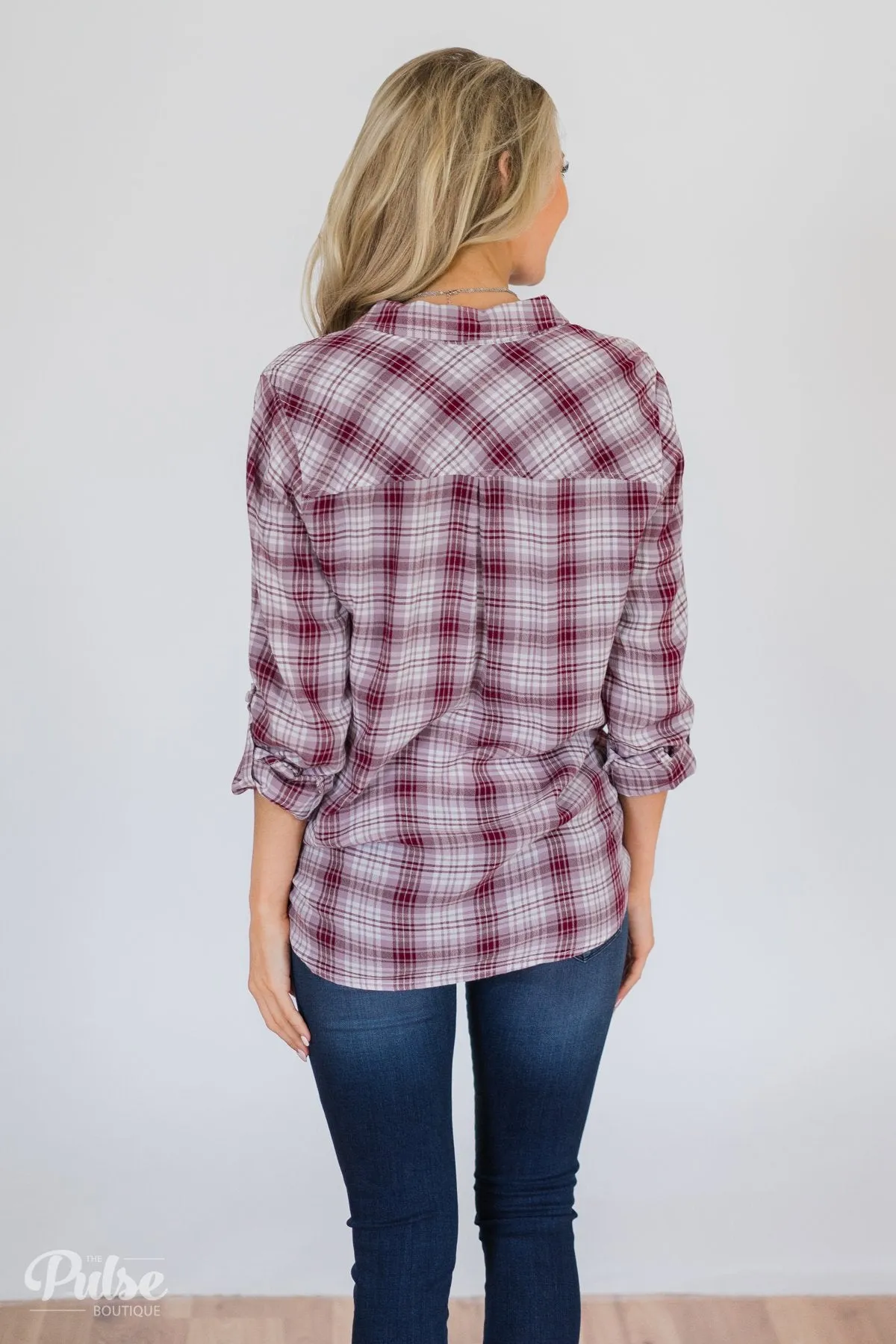 Button Up Plaid Top- Ivory & Wine