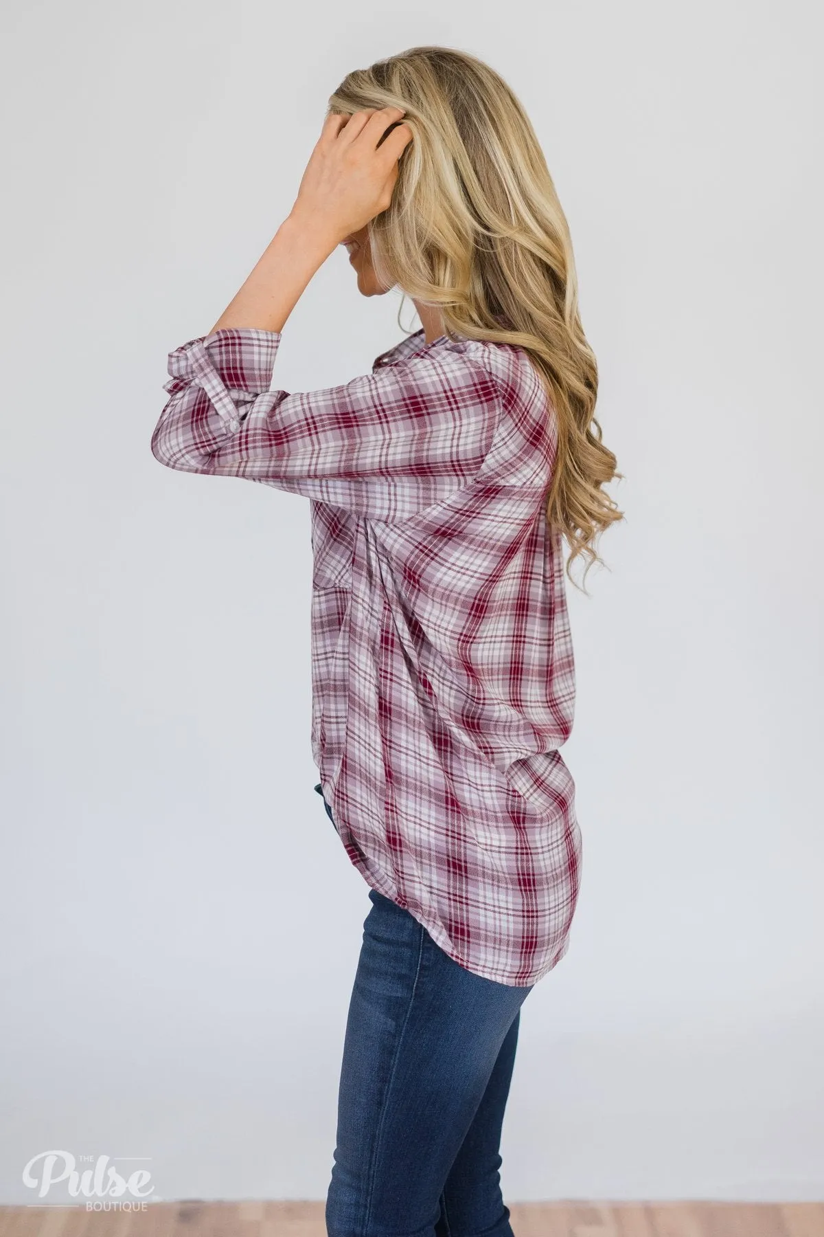 Button Up Plaid Top- Ivory & Wine